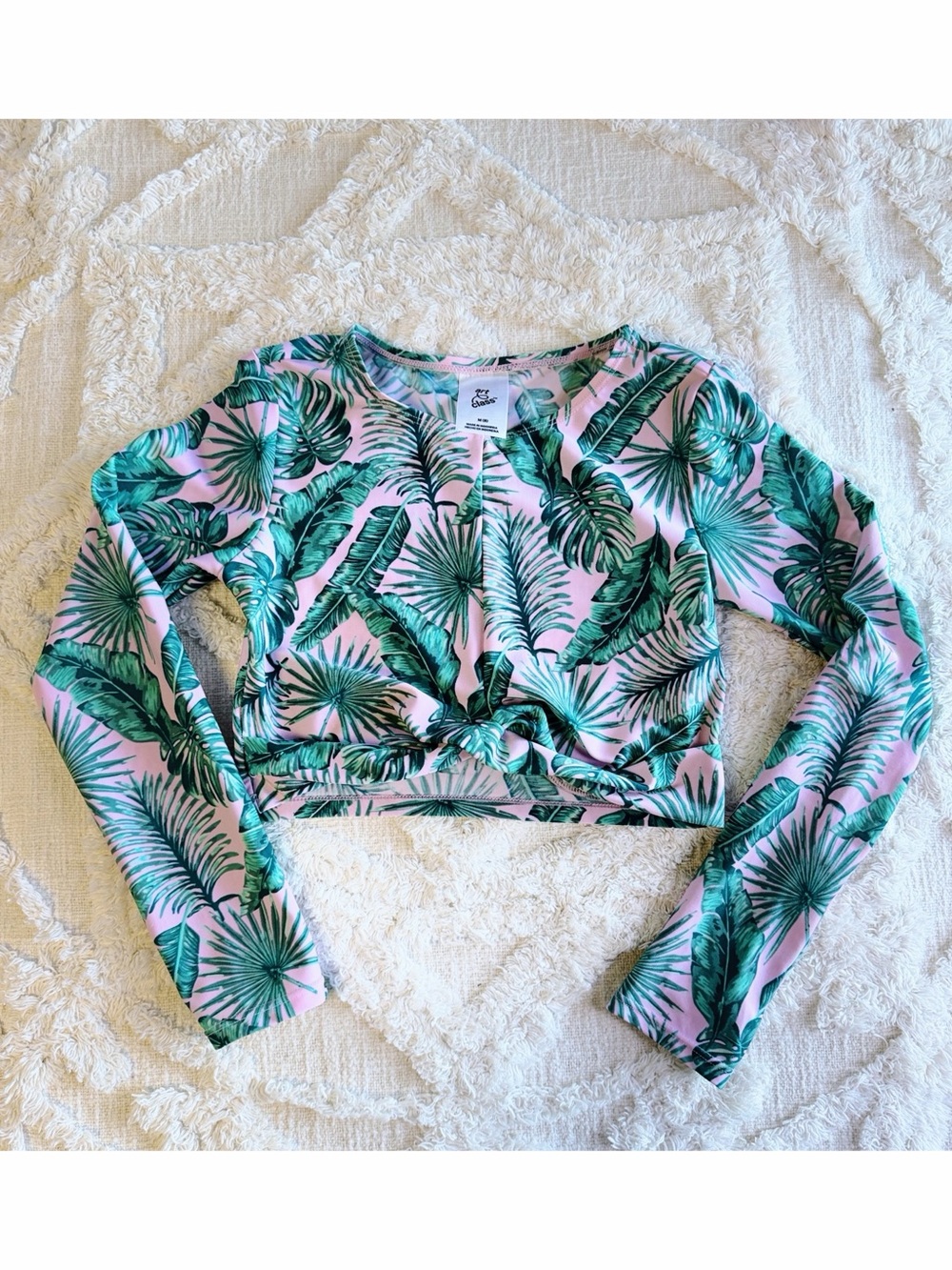 Art Class Girls Size 8 Tropical Palm Print Tie Front Long Sleeve Crop Top